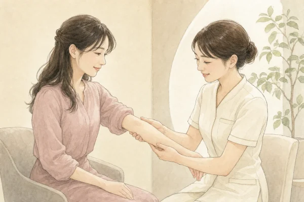 施術後の腕を医療スタッフが確認する手描き水彩イラスト