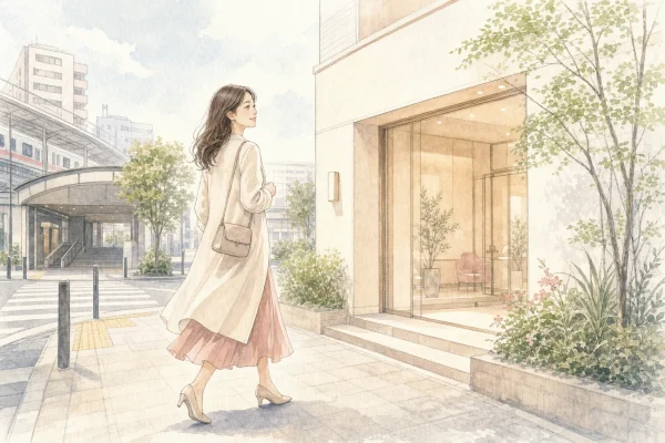 駅から通いやすいクリニックへ向かう女性の手描き水彩イラスト