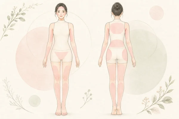 医療脱毛で照射できる全身の部位を示した前面・背面の手描き水彩イラスト