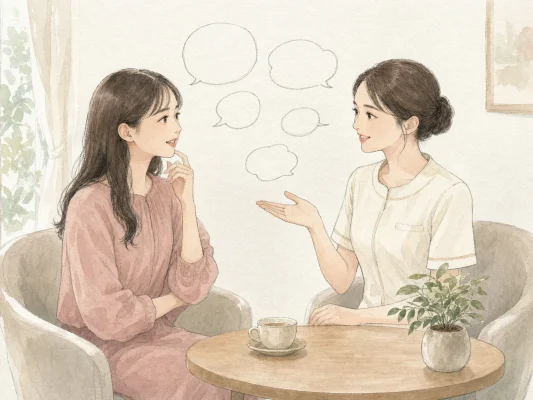 無料カウンセリングで質問する女性と丁寧に答える医療スタッフの手描き水彩イラスト