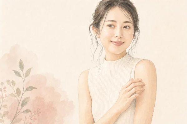 なめらかな素肌にそっと触れる女性の水彩イラスト