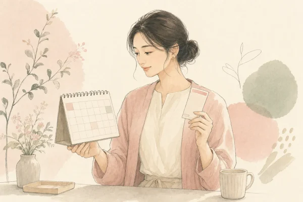 カレンダーと1回分の支払いを確認する女性の手描き水彩イラスト