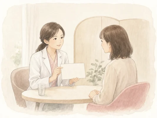 女性医師が丁寧に説明するカウンセリングのオリジナルイラスト
