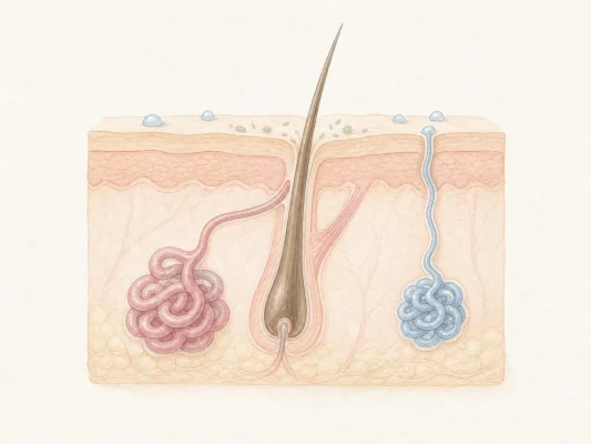 アポクリン汗腺とエクリン汗腺を示す皮膚断面のオリジナル医療イラスト