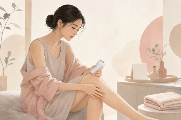 施術前のシェービングについて相談する女性の手描きイラスト